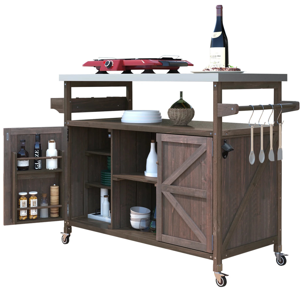 Outdoor Kitchen Island, Rolling Bar Cart & Storage Cabinet, Farmhouse Solid Wood Outdoor Grill Table with Stainless Steel Top, Spice Rack , Towel Rack for Kitchen & BBQ , Natural