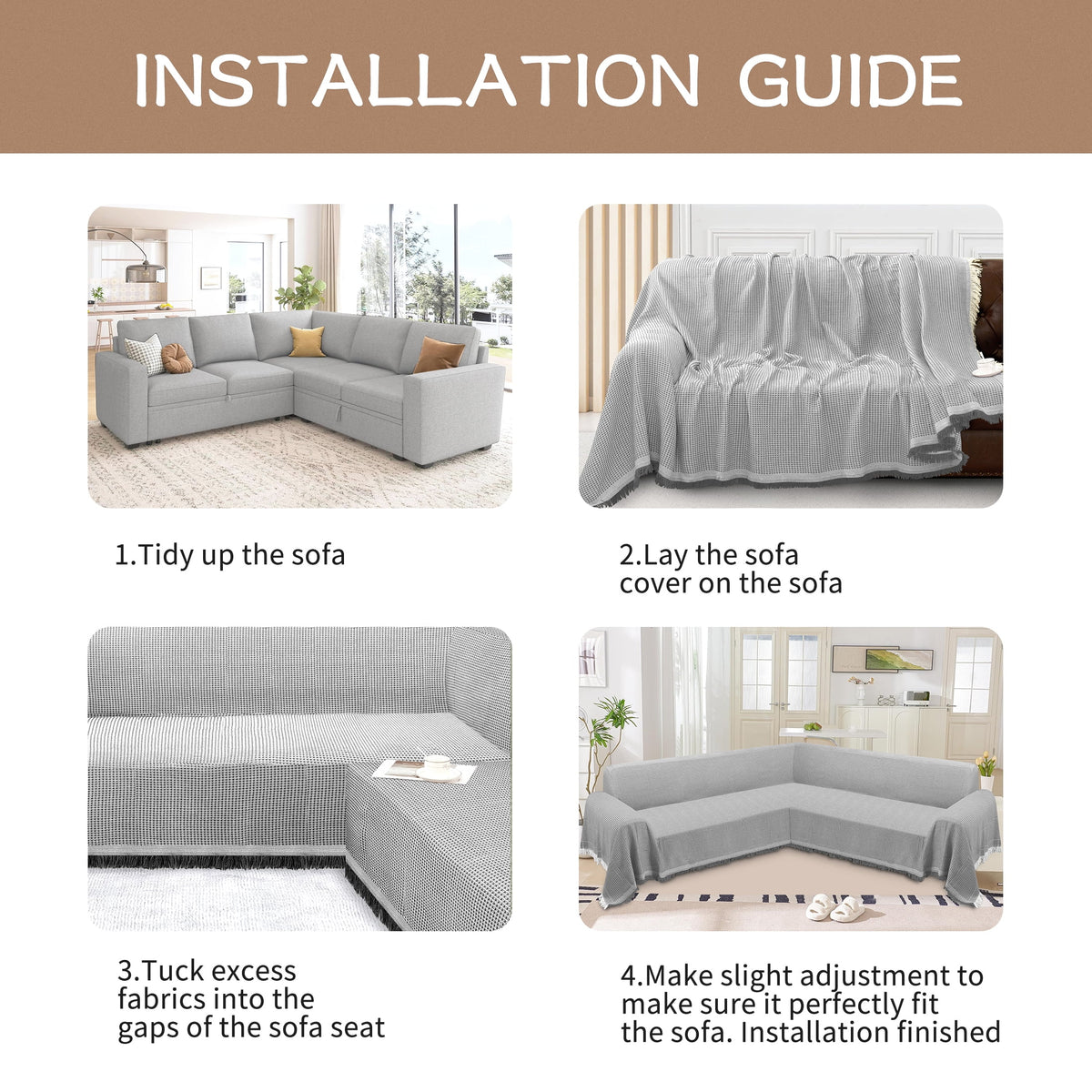 HDCAXKJ Washable L Shape Sofa Covers Reversible Sectional Couch Covers Corner Sofa Slipcovers Blankets Sofa Cover for Living Room Home Decor,91"x252",Gray