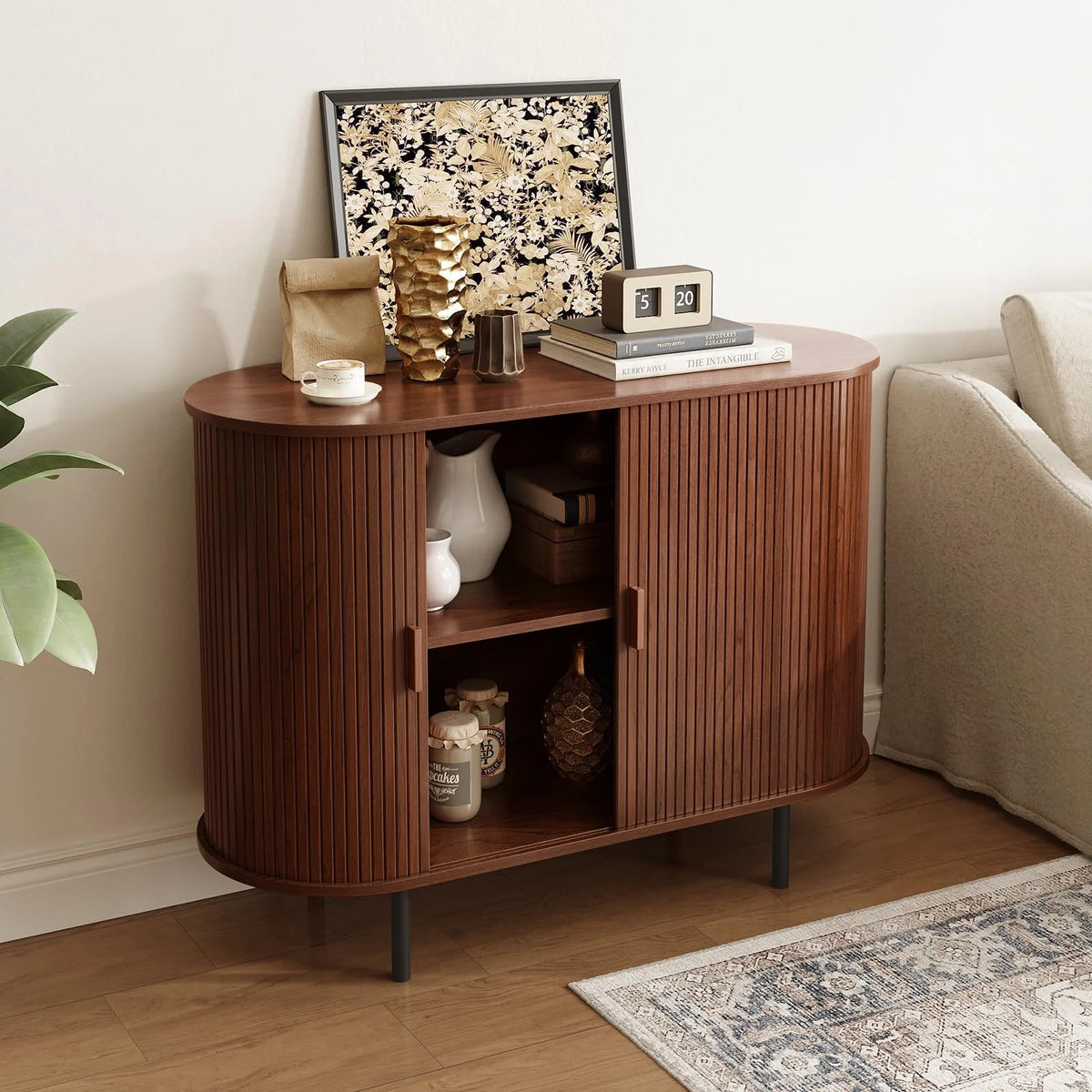 MARNUR Sideboard Buffet Cabinet 40" Storage Cabinet with 2 Sliding Tambour Doors, Adjustable Shelves for Kitchen, Living Room, Hallway, Entryway