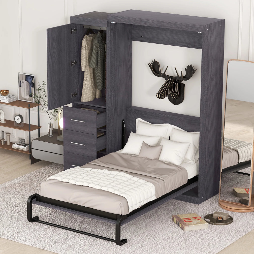 Euroco Wood Full Size Murphy Wall Bed with Wardrobe and Drawers for Living Room, Moveable Wardrobe and Drawers, Space-Saving & Easy Open and Close for Kids Teens Adults, Gray