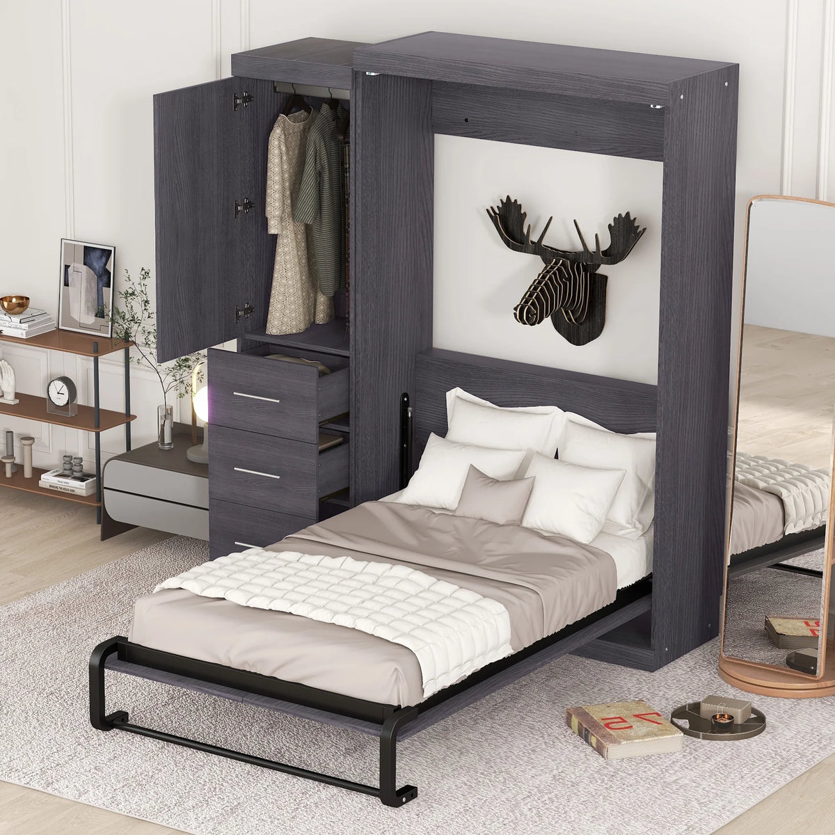 Euroco Wood Full Size Murphy Wall Bed with Wardrobe and Drawers for Living Room, Moveable Wardrobe and Drawers, Space-Saving & Easy Open and Close for Kids Teens Adults, Gray