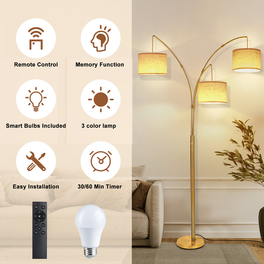 Netin 80 3-Light Modern Dimmable Black Arc Floor Lamp with Beige Shades