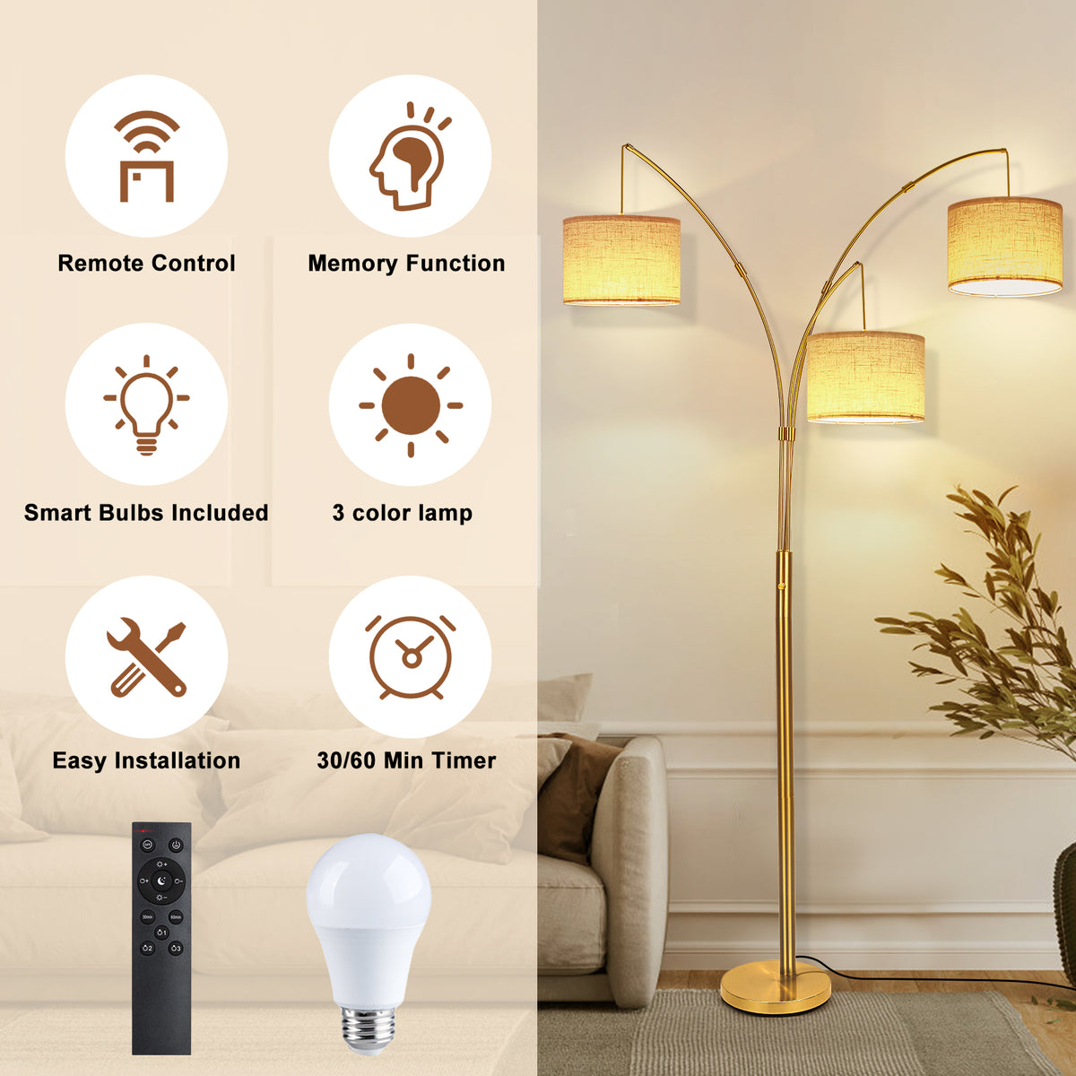 Netin 80 3-Light Modern Dimmable Black Arc Floor Lamp with Beige Shades