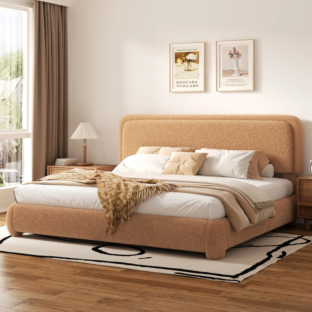 VIPLOV King Size Boucle Bed Frame, Cloud Upholstered Platform Bed with Height Adjustable Headboard & Soft Rounded Corners, No Noise Free, Easy Assembly,Beige