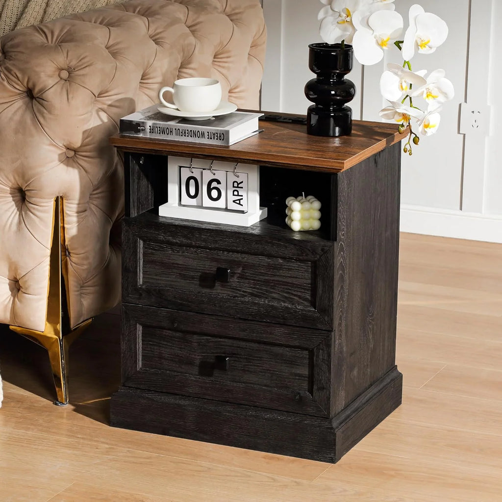 FIAKOA Night Stand Set of 2 with Charging Station, Bedside Table with 2 Drawers Storage and Open Shelf, White Farmhouse Nightstands  for Bedroom Office