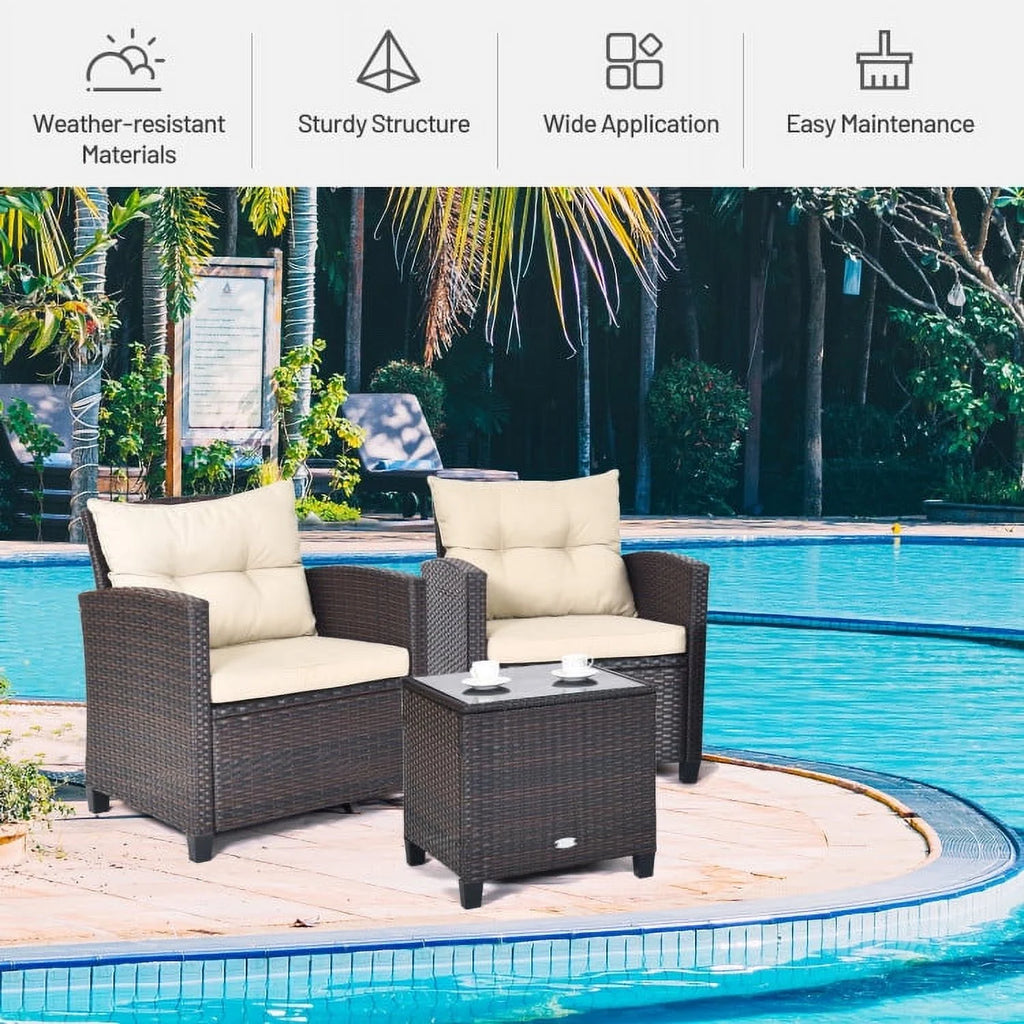 Spaco Patio Furniture 4 Pieces Patio Rattan Furniture Set, Outdoor Wicker Rattan Chairs Garden Backyard Balcony Porch Poolside loveseat with Coffee Table Cushioned Sofa-White