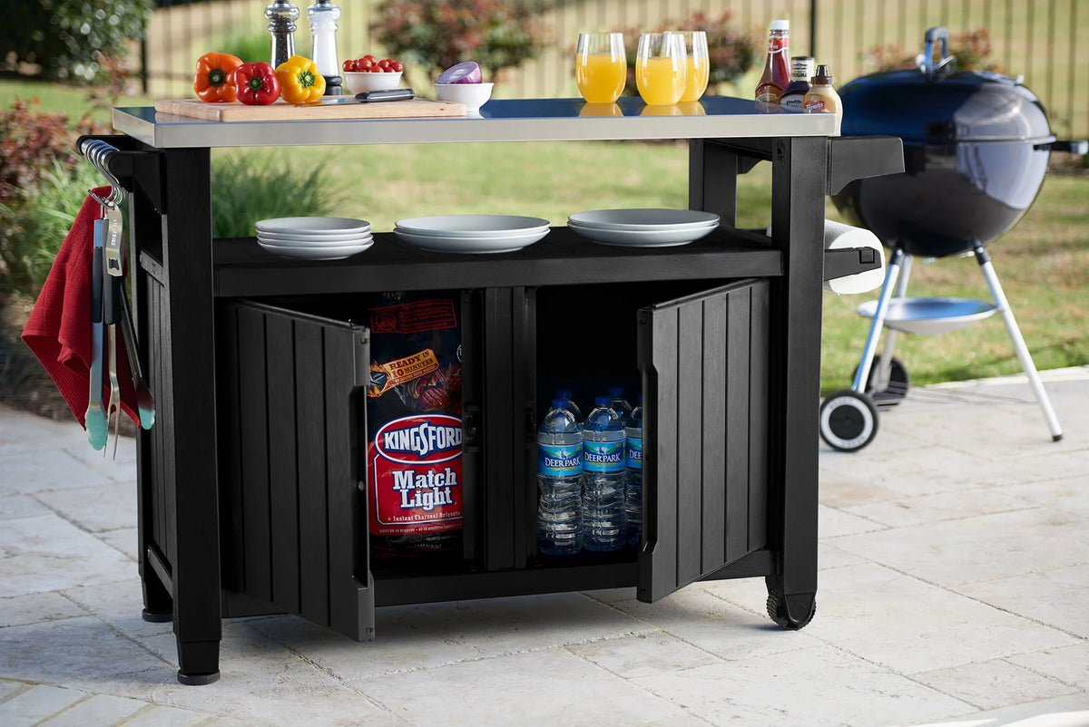 Unity XL Resin Serving Station, All-Weather Plastic and Metal Grill, Storage and Prep Table, Graphite