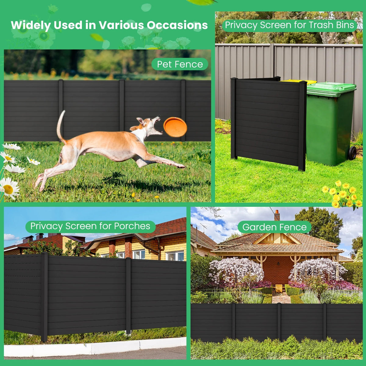 Gymax Outdoor PVC Privacy Panels 2-Pack Picket Fence W/ 3 Cuspidal Foot Stakes Black