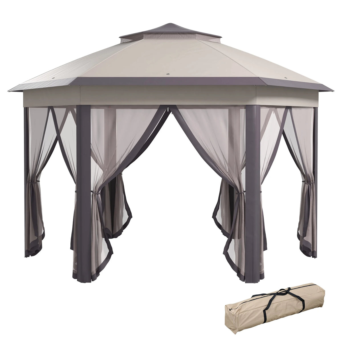 Outsunny 13' x 13' Pop Up Gazebo Hexagonal Canopy with 6 Zippered Mesh Netting, 2-Tier Roof Event Tent with Steel Frame for Patio Backyard, Gray