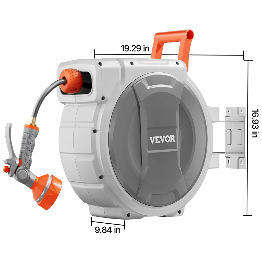 VEVOR Retractable Garden Hose Reel, 1/2 Inch x 145 ft Wall Mounted Hose Reel, Heavy Duty Garden Hose Reel with 9 Patterns Nozzle, Any Length Lock, Upgraded Slow Return System and 180 Swivel Bracket