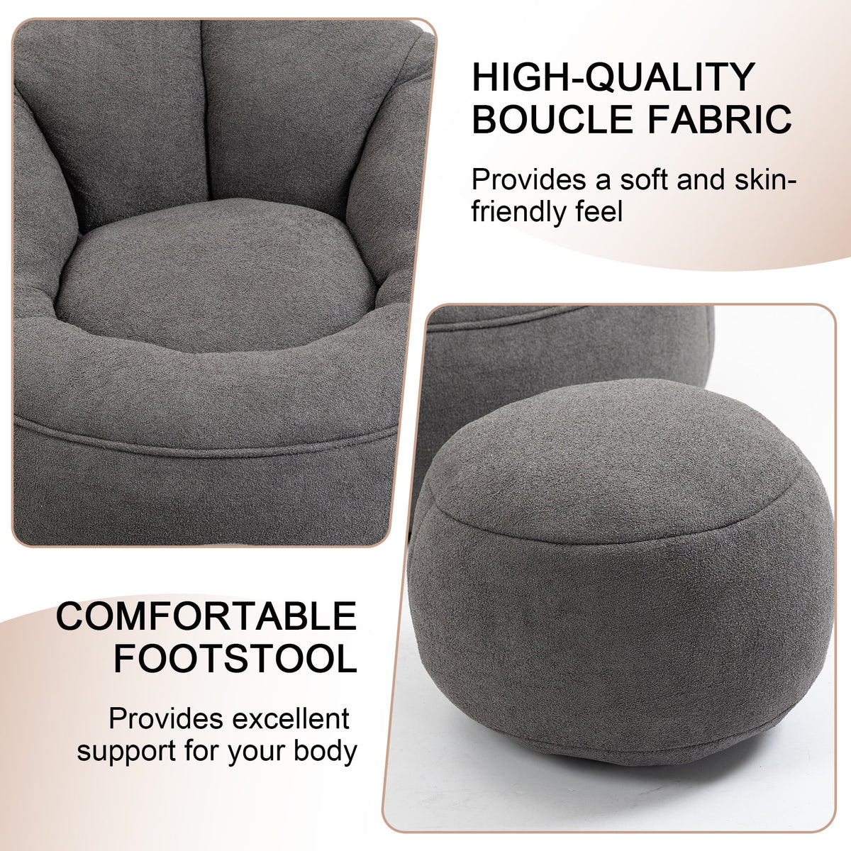 MOONMISS Microfiber Upholstered High Pressure Foam Round Lazy Bean Bag Sofa Chair with Ottoman-Gray