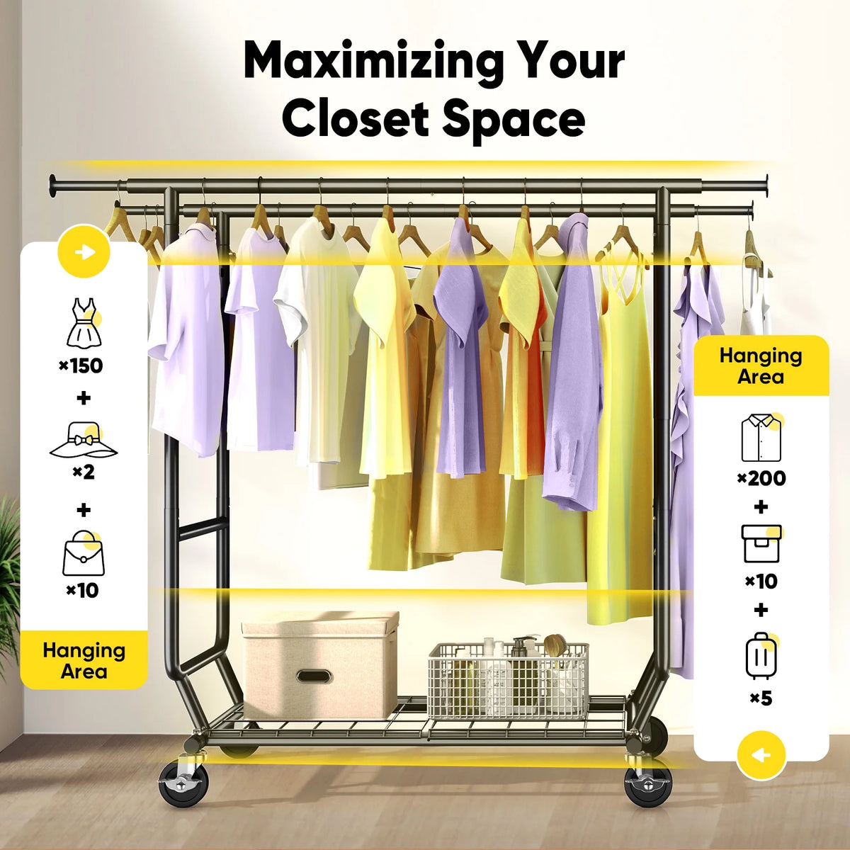 HOKEEPER 700 lbs Commercial Grade Heavy Duty Garment Rack with Shelves Collapsible Clothing Racks on Wheels Rolling Clothes Rack for Hanging Clothes Portable Adjustable, Chrome Finish