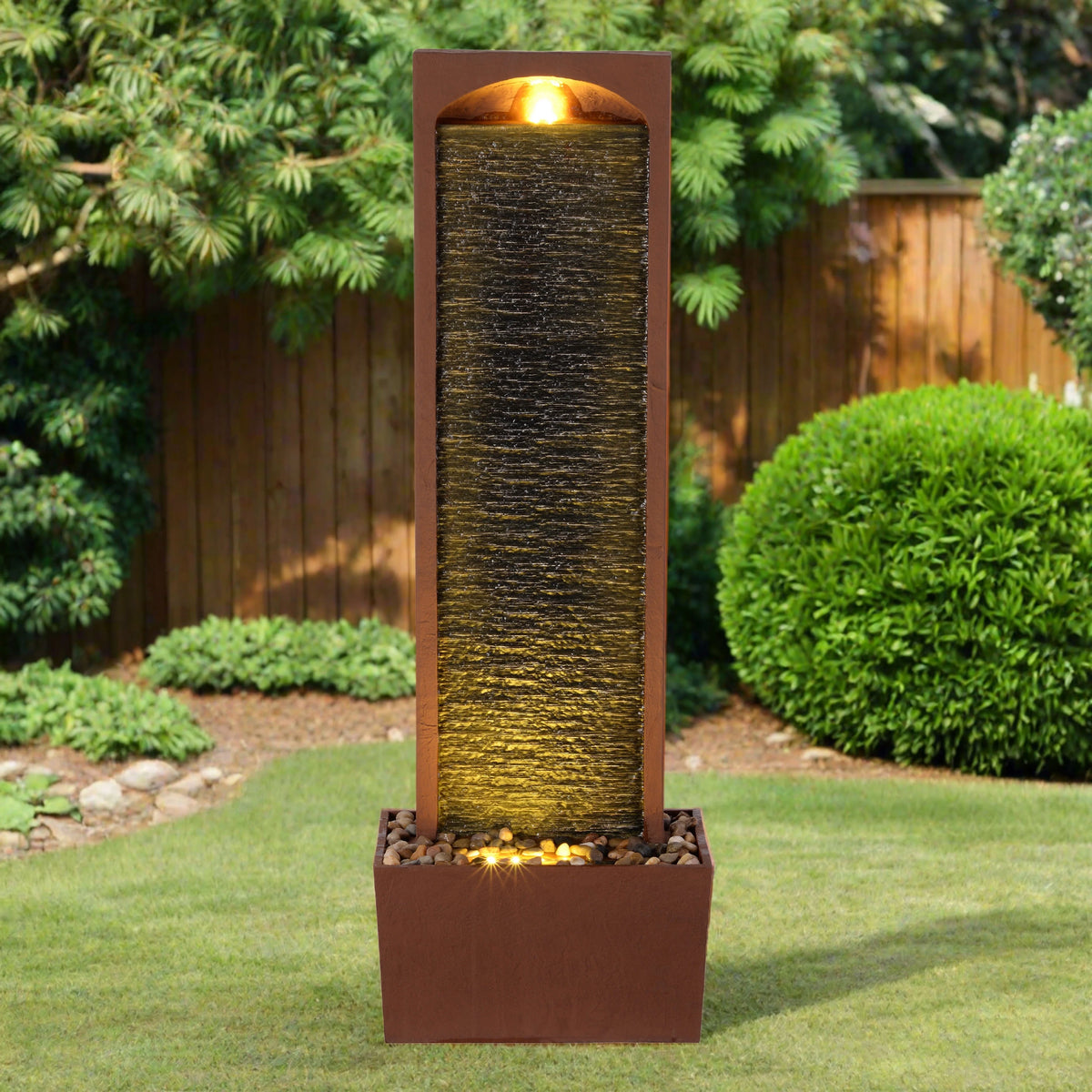 Teamson Home 38.5" Faux Slate Contemporary Outdoor LED Waterfall Fountain with Pebble Base, Red Rock