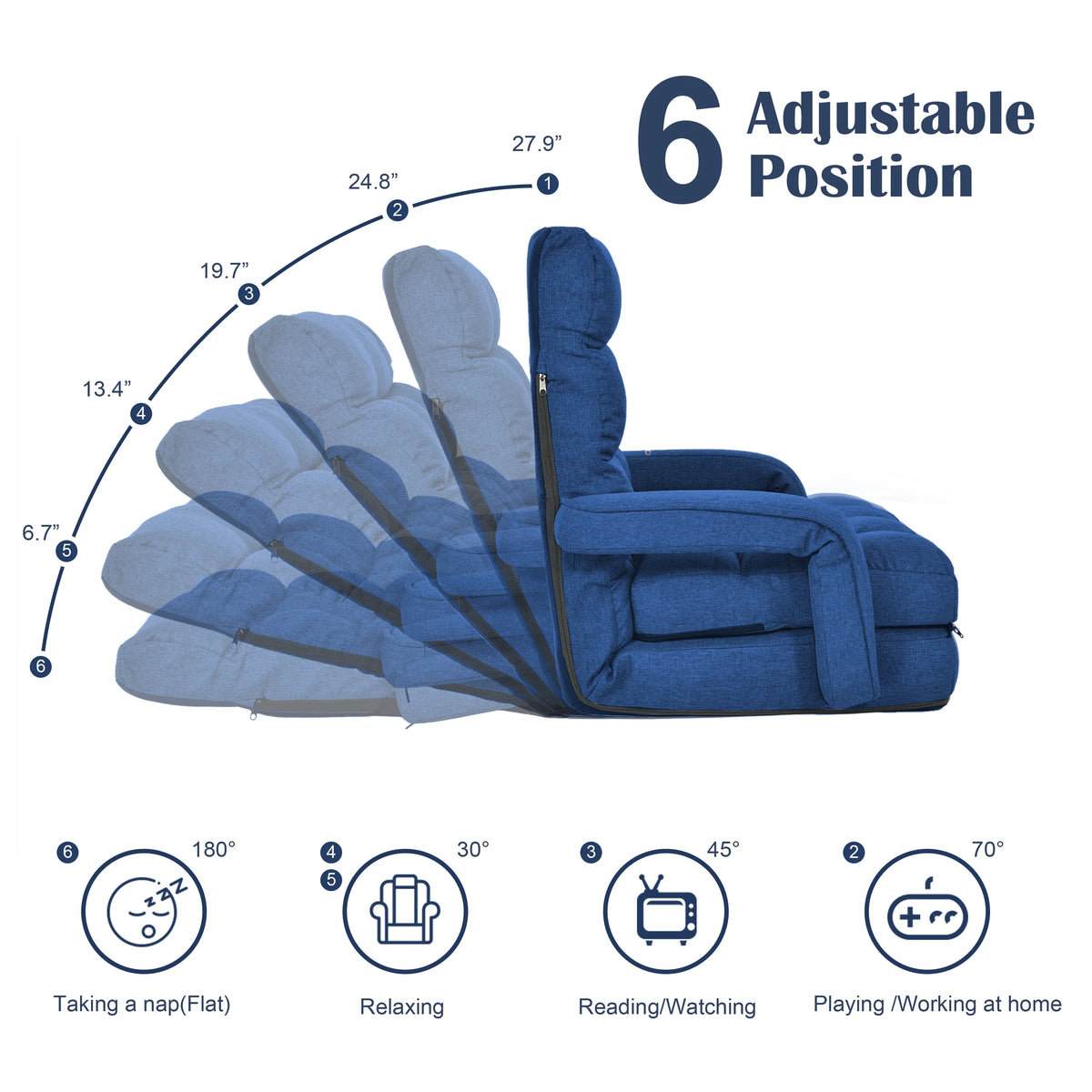 Prime Garden Floor Chair 6-Position Folding Gaming Chair for Meditation Indoor, Light Gray