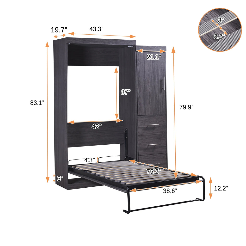 Euroco Wood Full Size Murphy Wall Bed with Wardrobe and Drawers for Living Room, Moveable Wardrobe and Drawers, Space-Saving & Easy Open and Close for Kids Teens Adults, Gray