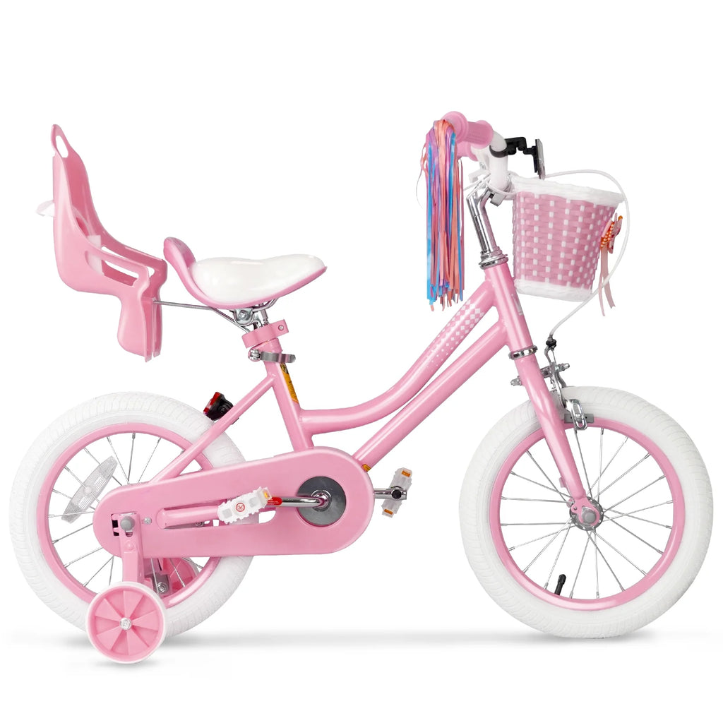 XJD Girls Bike for Toddlers 3-9 Years Old Kids, 14 Inch Kids Bike with Training Wheels, Streamers, Basket and Doll Seat, Children Bicycles with Handbrake