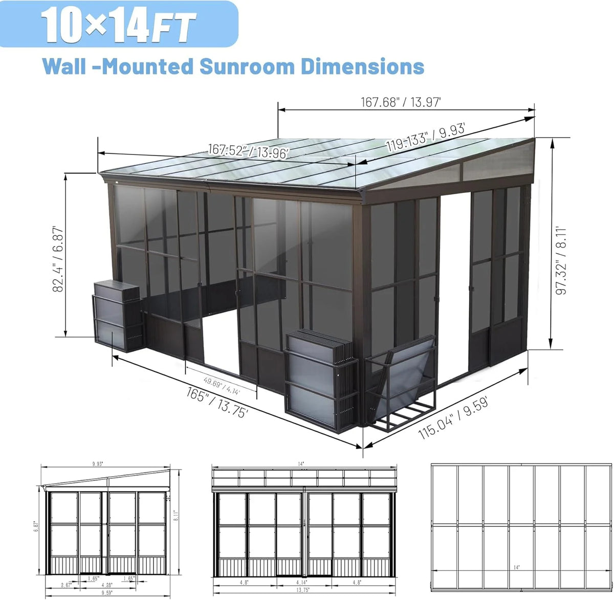 TOTAL Outdoor 10'x12' All-Season Sunroom Gazebo with Steel Roof, PVC Screen, Front & Side Door, Brown
