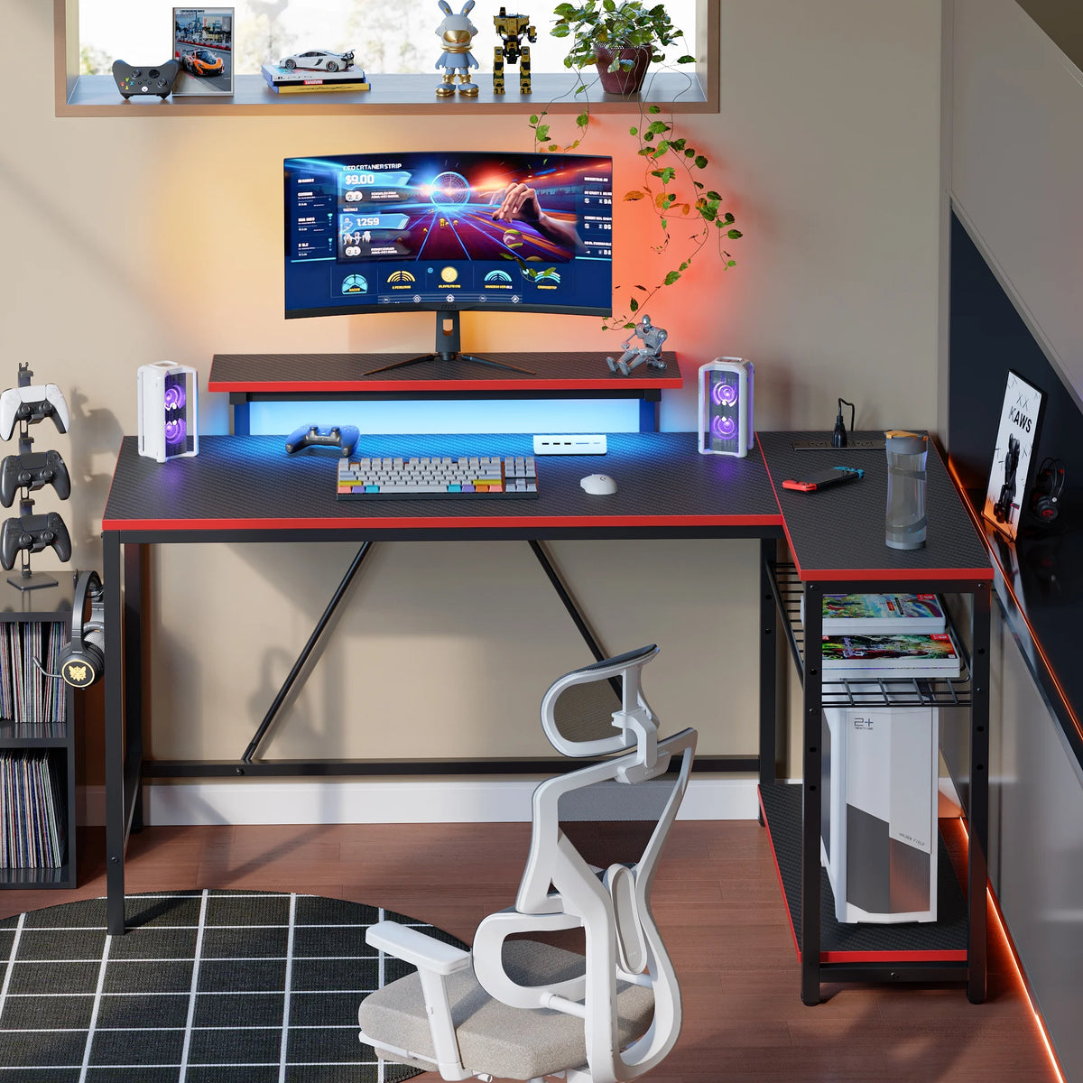Bestier 52" Gaming Desk with LED Lights L Shaped Desk with Power Outlet & Monitor Stand Corner Computer Desk in Carbon Fiber