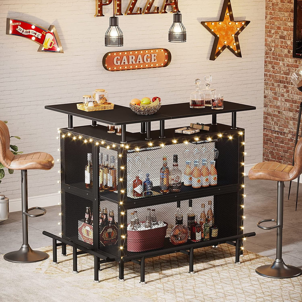 L-shape Home Bar Unit, Liquor Bar Table with 2-Tier Storage - N/A Black