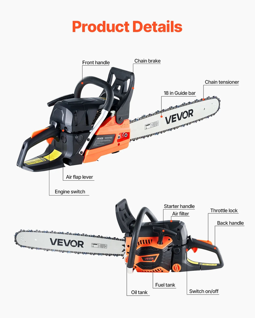 VEVOR Gas Chainsaw, 52CC 18" 2.55HP, Gasoline Powered Chain Saw, Handheld Cordless Petrol Chainsaws for Tree Wood Branch Cutting, Tree Trimming, Land Clearing, Farm Garden Ranch Forest Cutting Use