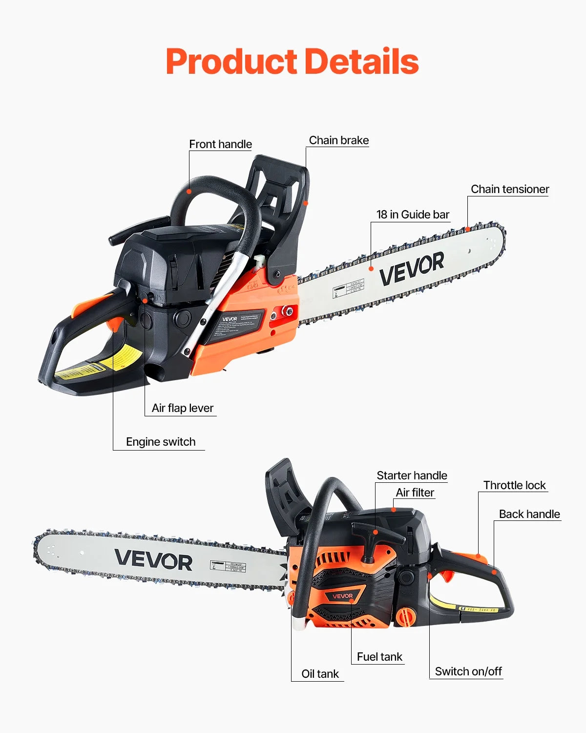 VEVOR Gas Chainsaw, 52CC 18" 2.55HP, Gasoline Powered Chain Saw, Handheld Cordless Petrol Chainsaws for Tree Wood Branch Cutting, Tree Trimming, Land Clearing, Farm Garden Ranch Forest Cutting Use
