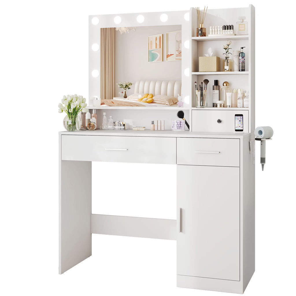 MCQ Dressing Table with Mirror and Light, Adjustable Brightness Dressing Table with Drawers and Storage Shelves, White