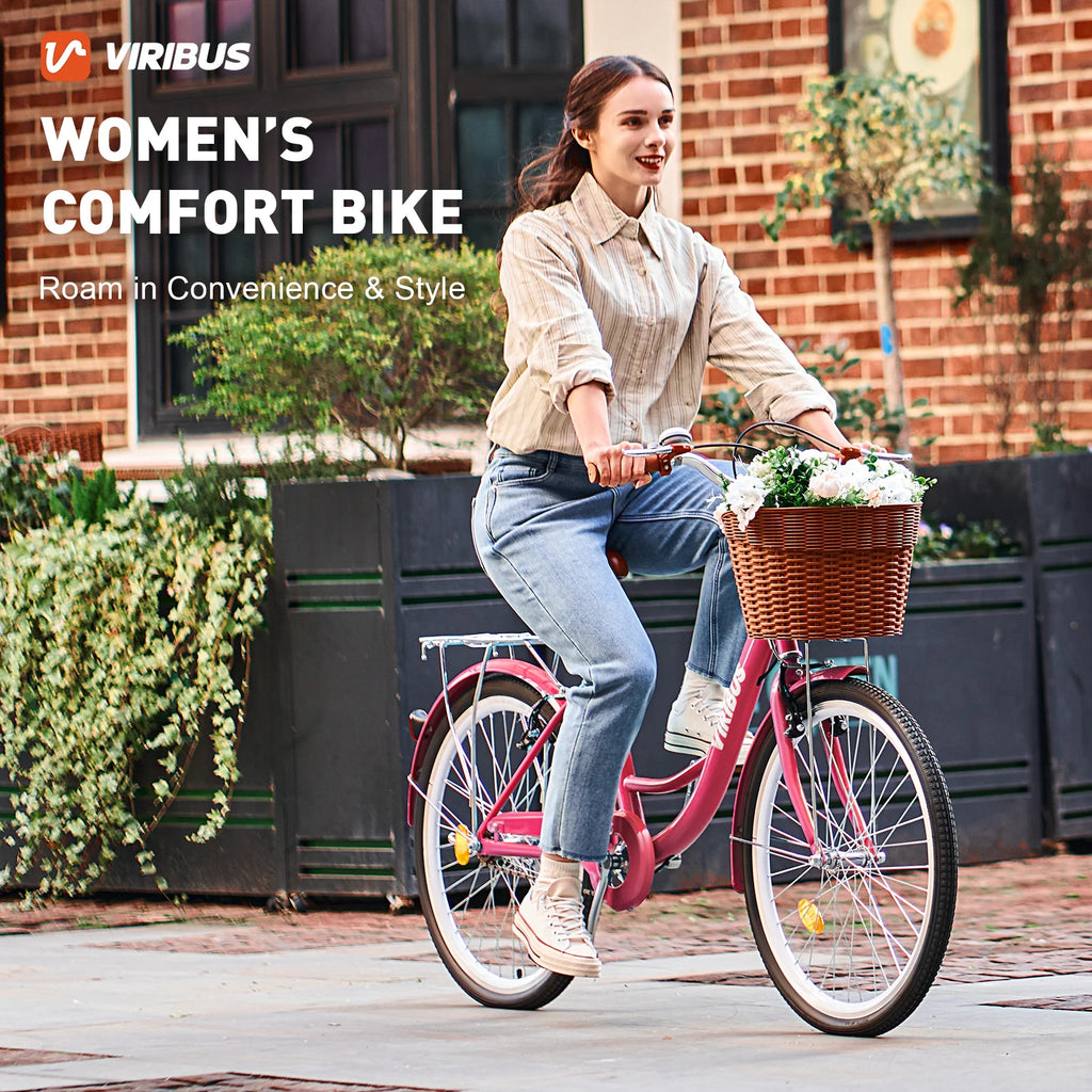 Viribus Women's Comfort Bike 24 inch Beach & City Cruiser Bicycle with Basket Rack White