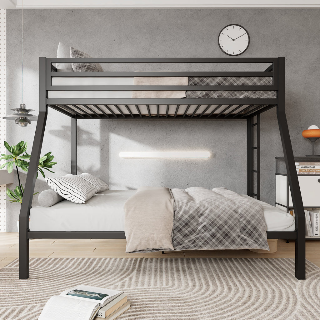 Amolife Twin over Full Size Metal Bunk Bed with Removable Ladder, Full-Length Guardrail, Black