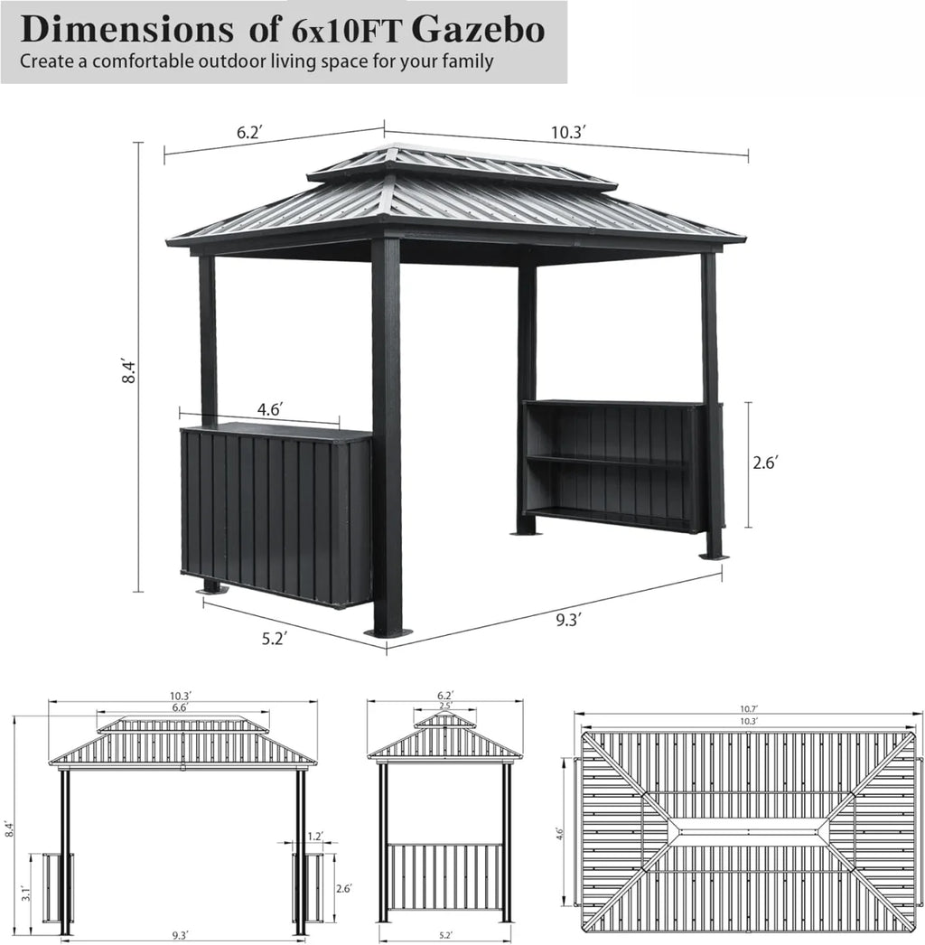 6x10 FT Shade Grill Gazebo, Outdoor BBQ Gazebo with Double Galvanized Steel Roof, Patio Grill Canopy with 2 Cabinets and Ceiling Hooks for Backyard, Lawn, Garden, Backyard, Brown