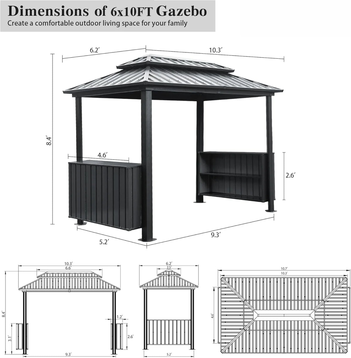 6x10 FT Shade Grill Gazebo, Outdoor BBQ Gazebo with Double Galvanized Steel Roof, Patio Grill Canopy with 2 Cabinets and Ceiling Hooks for Backyard, Lawn, Garden, Backyard, Brown