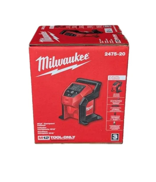 Milwaukee M12 Compact Inflator Cordless Tire Inflator with TrueFill Auto Shut-Off, 120 PSI, LCD Display, Brass Chuck, Fast Inflation 2475-20 (Bare Tool)