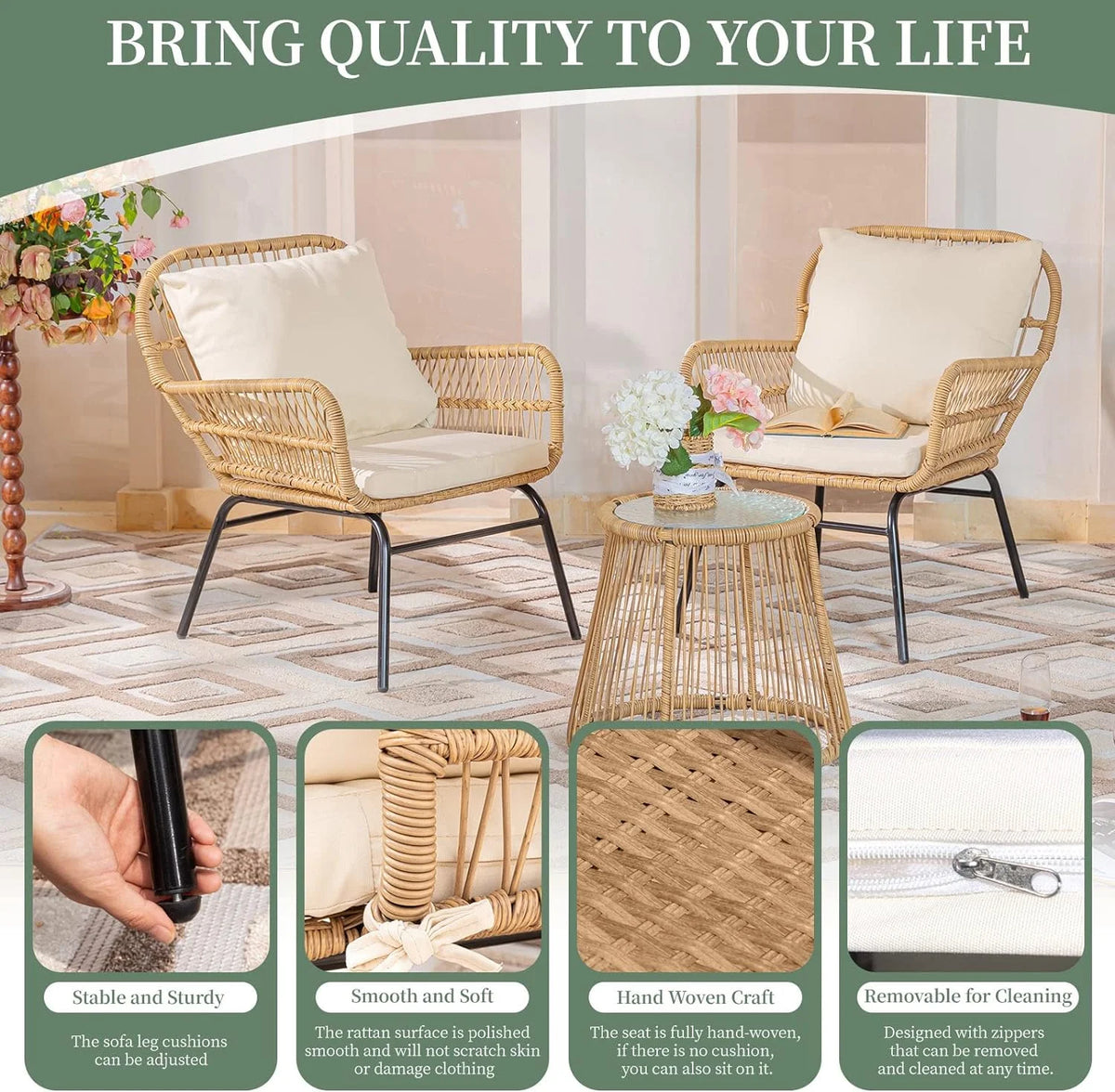 RADIATA 6-Piece Boho Patio Furniture Set, Outdoor Wicker Sectional Sofa Conversation Set with Ice Bucket & Coffee Table, 500lbs Capacity, Beige