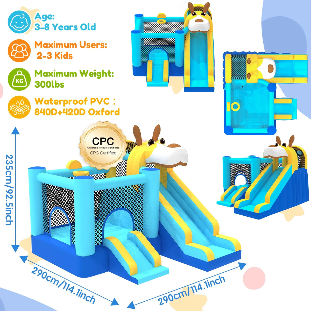Mukidy 114''x 114'' x 92.5'' Inflatable Bounce Houses for Kids 3-10 with Blower Double Slide and Ball Pit/Indoor Bouncy House, PVC, Child, Teen, Toddler，Blue
