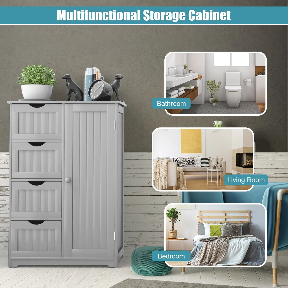 Bathroom Storage Wooden 4 Drawer Cabinet Cupboard 2 Shelves Free Standing White