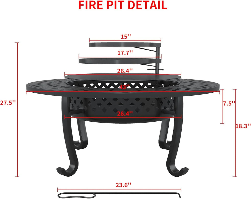 43 Inch Fire Pit with 2 Grill, Outdoor Wood Burning Firepit with Lid, Metal Round Table for Backyard Patio Garden Picnic Camping Bonfire