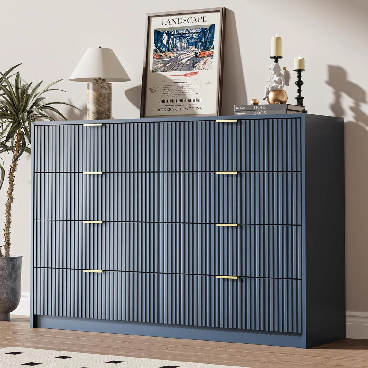 Furniway Black Dresser for Bedroom, 8 Drawer Double Dresser, Modern Chest of Drawers for Bedroom, Living Room, Entryway and Closet, 55" L x 15.7" D x 37.4" H
