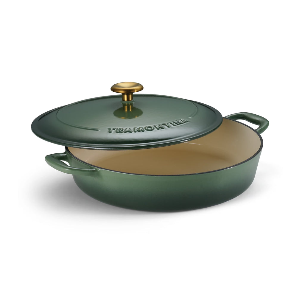 Tramontina Bestow 4-Quart Enameled Cast Iron Braiser with Lid, Cactus with Gold Stainless Steel Knob, Oven-Safe