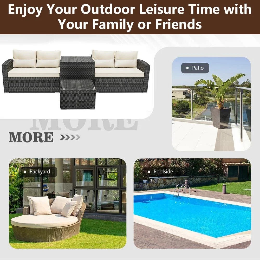 SEGMART 4 Piece Patio Furniture Set, All-Weather Outdoor Sectional Sofa Set, PE Rattan Conversation Set with Storage Box, Table & Cushions, Wicker Furniture Couch Set for Patio Deck Garden