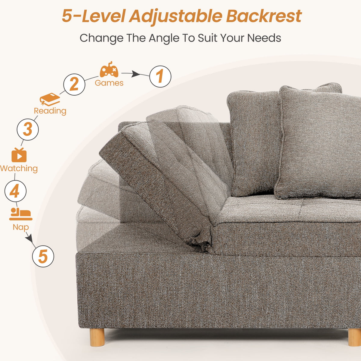 SEJOV 4-in-1 Convertible Sleeper Chair Bed, Linen Sofa Bed for Small Space, Futon Sofa with 2 Throw Pillows for Living Room, Single Recliner with 5 Adjustable Backrest for Bedroom Apartment, Brown