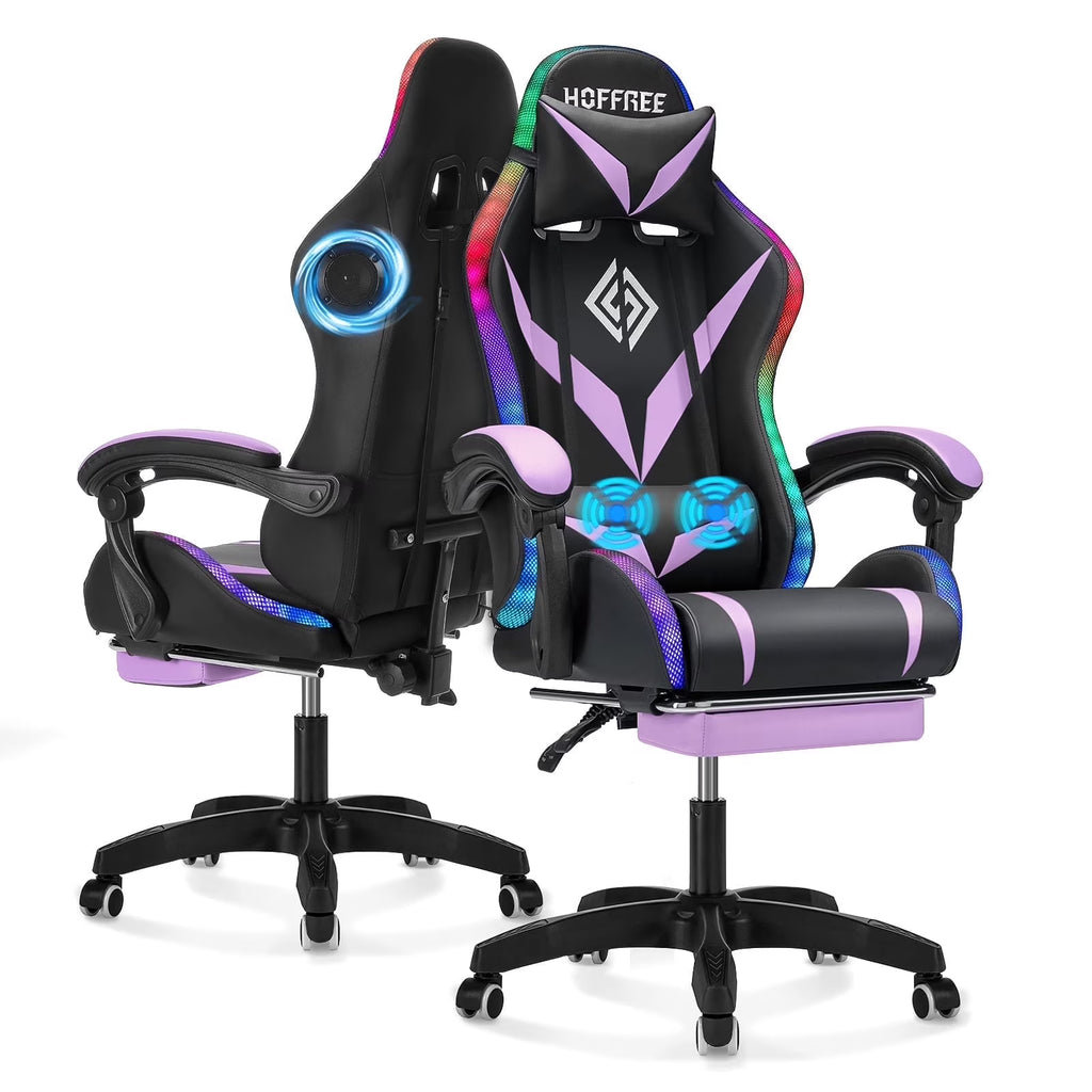 Hoffree Gaming Chair with Speakers PU Leather Office Chair with Footrest and LED Lights Ergonomic Gamer Chair with Massage Lumbar Support and Headrest Adjustable Swivel for Home Office 300lb