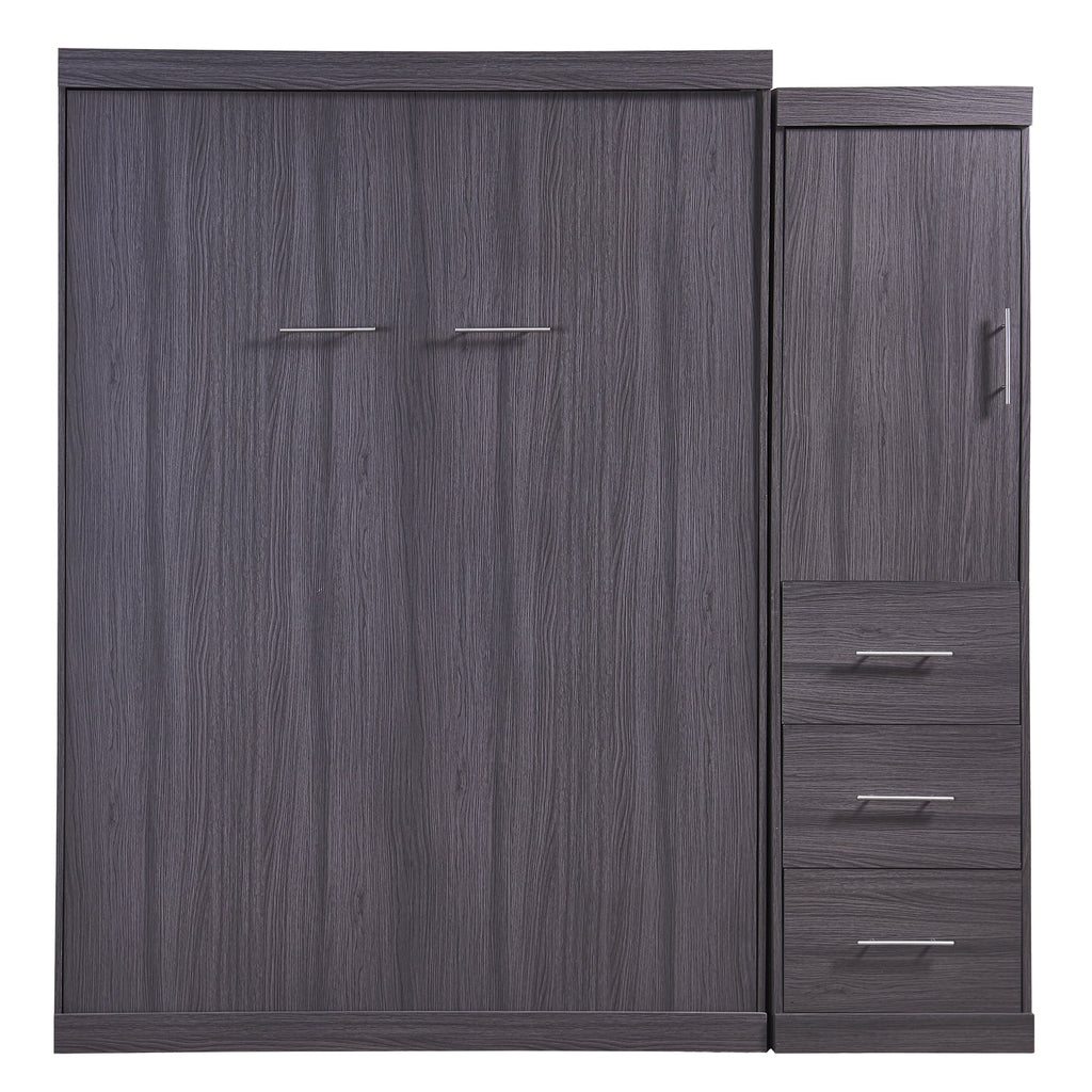 Euroco Wood Full Size Murphy Wall Bed with Wardrobe and Drawers for Living Room, Moveable Wardrobe and Drawers, Space-Saving & Easy Open and Close for Kids Teens Adults, Gray