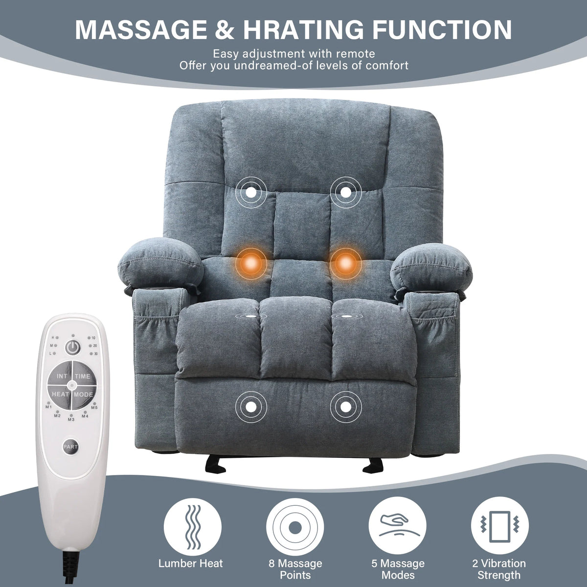 JONPONY Massage Swivel Rocker Recliner Chair with Vibration Massage and Heat Ergonomic Lounge Chair for Living Room with Rocking Function and Side Pocket, 2 Cup Holders, USB Charge Port,Grey