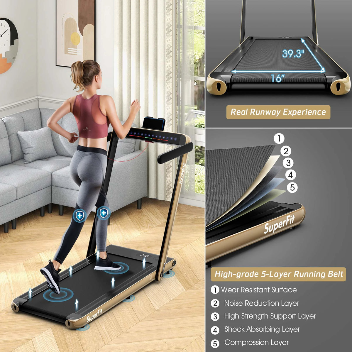 SuperFit Up To 7.5MPH 2.25HP 2 in 1 Dual Display Screen Treadmill Jogging Machine W/APP Control Silver