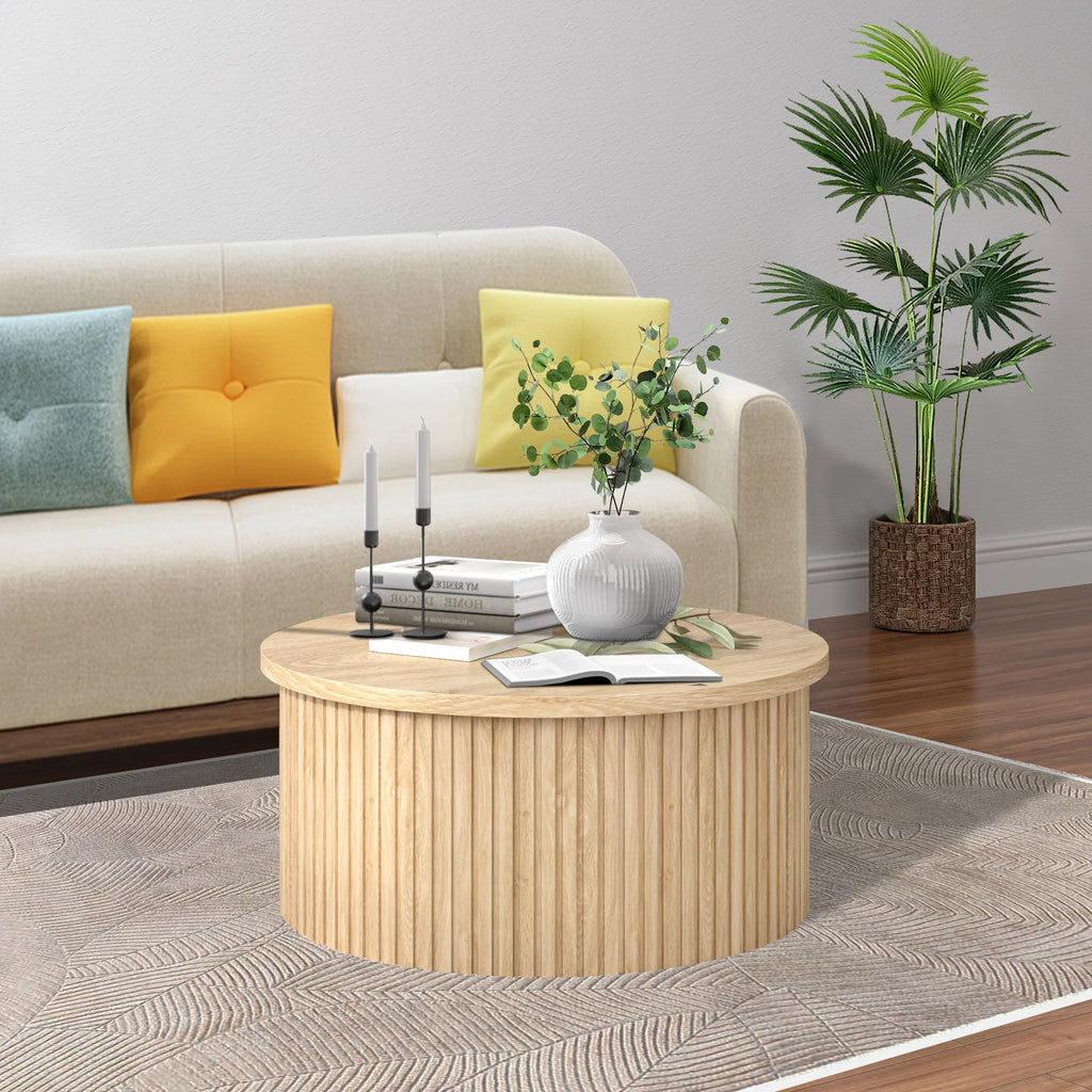 Oubayajia Round Coffee Table with Storage, Wood Lift Top Coffee Table, Waveform Panel, Natural