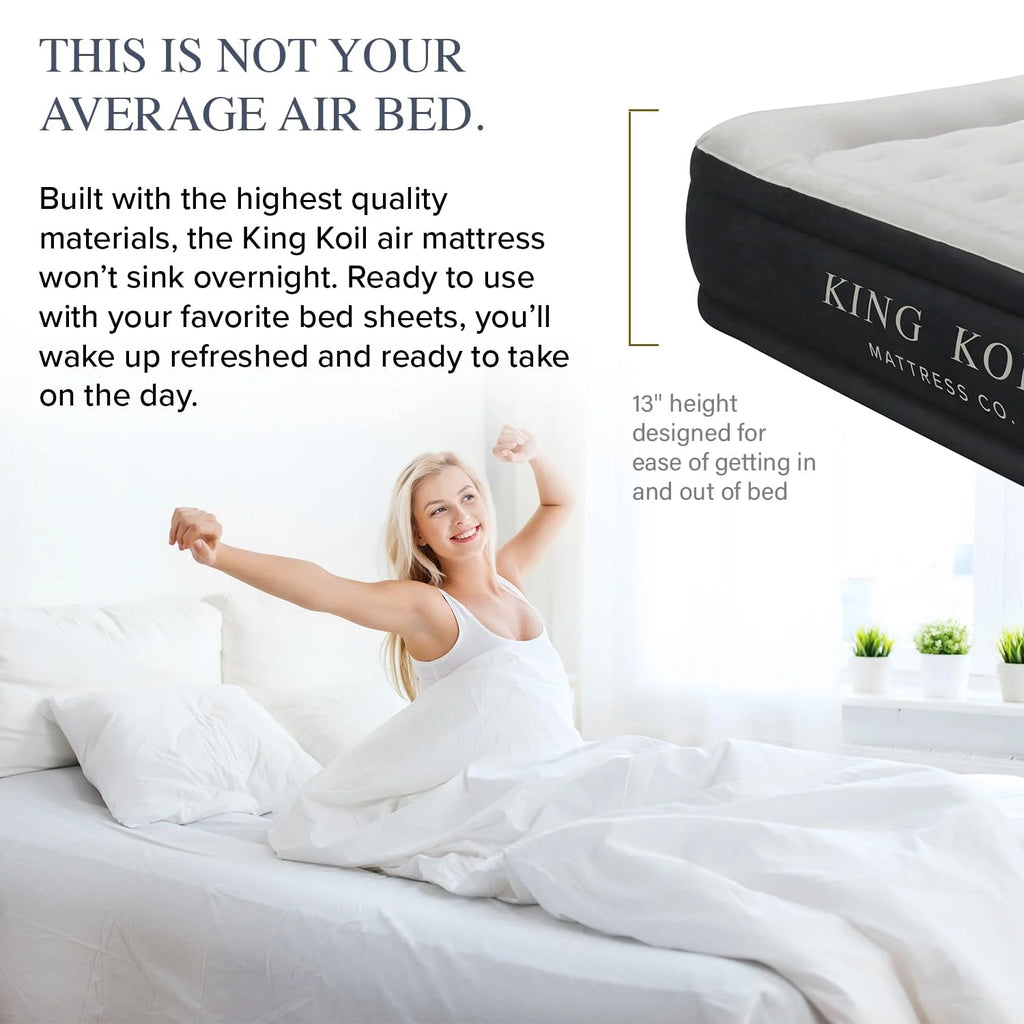 King Koil Luxury Queen Size Air Mattress with Built-in High-Speed Pump Best for Home, Camping, Guests, 13" Queen Size Luxury Double Airbed Adjustable Blow Up Mattress, Waterproof, 1-Year Warranty