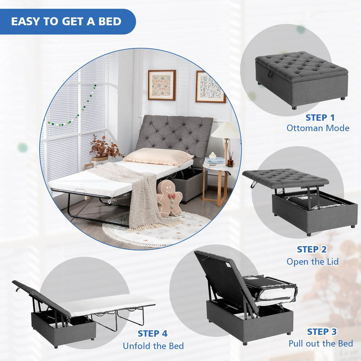 Costway Folding Ottoman Sleeper Bed with Mattress Convertible Guest Bed Grey