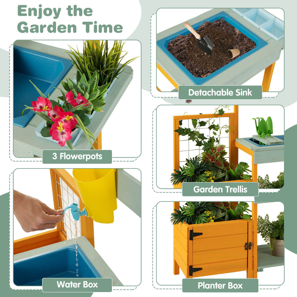 Gymax Wooden Potting Bench for Kids w/ See-Through Window Planter Box Garden Trellis