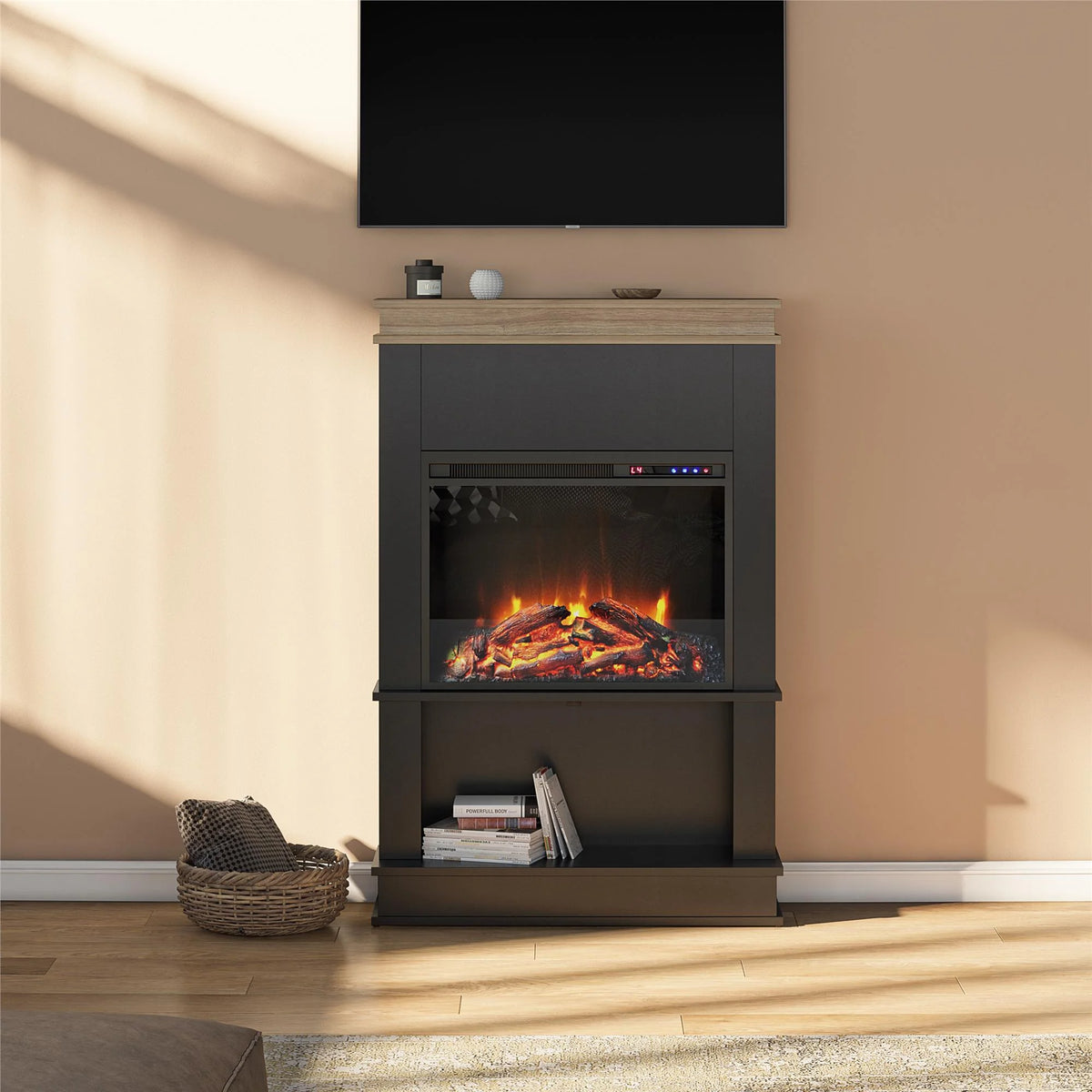 Mateo Electric Fireplace with Mantel and Open Shelf, Black with Natural