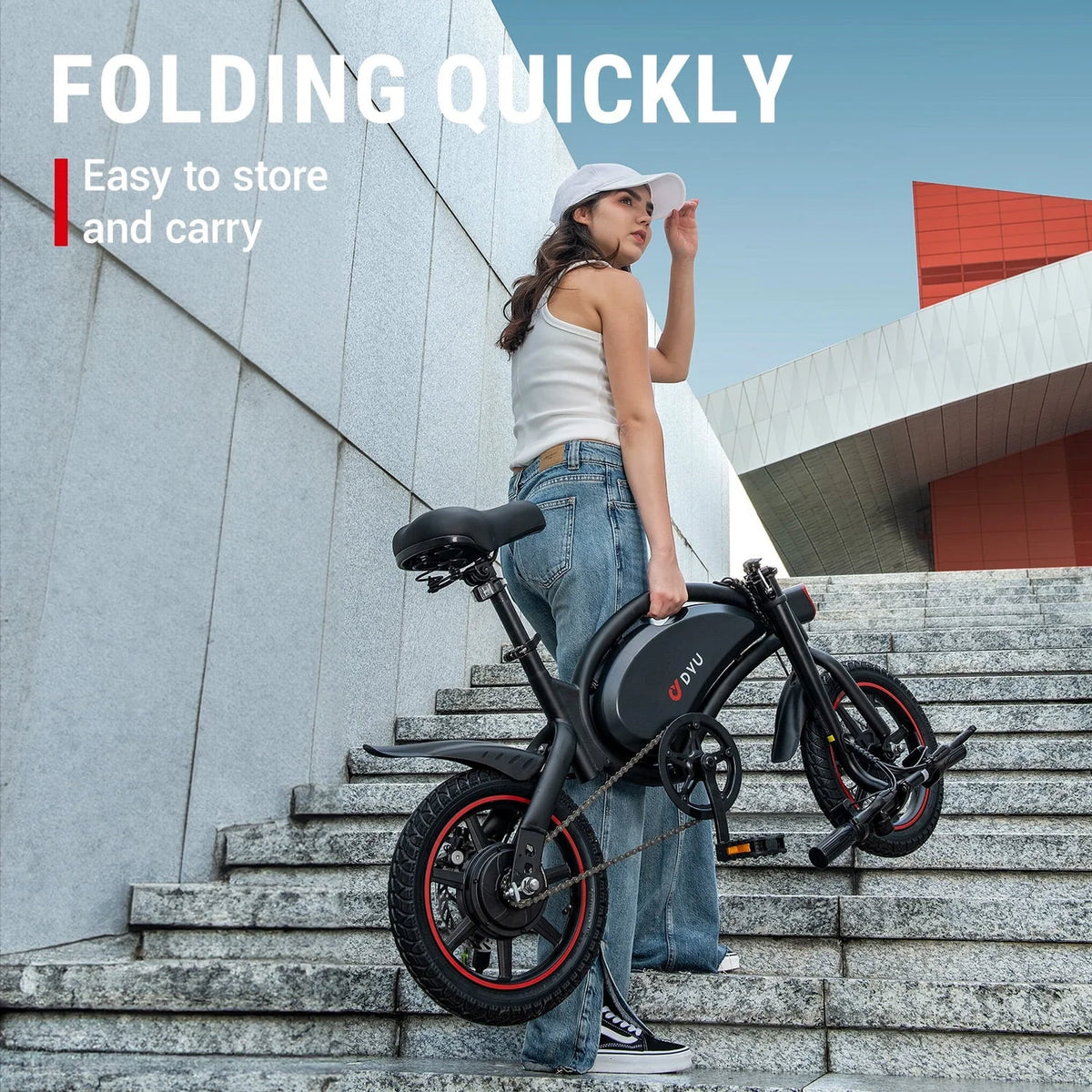 D DYU 14" Folding Electric Bike for Adults Teens, 15.5MPH Cruiser E Bike, 250W 36V/10AH, Pedal-Assist, Step-Through Frame Electric Commuter Bike, Complies to UL2849