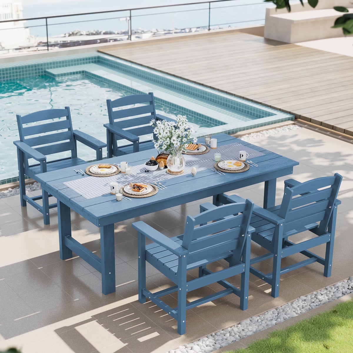SERWALL Outdoor HDPE Dining Table Set, 7-Piece Outdoor Dining Table Sets with Umbrella Hole, Grey